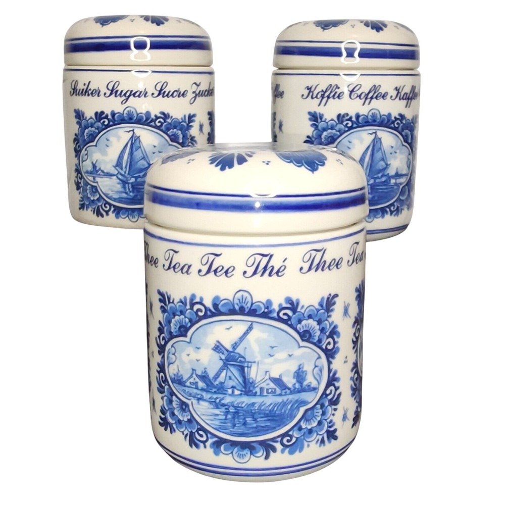Delfts Blauw Holland Canister Set Sugar Coffee Tea Jars Blue White Ceramic